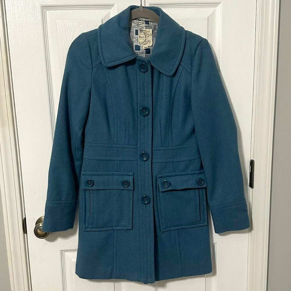 Tulle Light Blue Wool Pea Coat, Fully Lined
